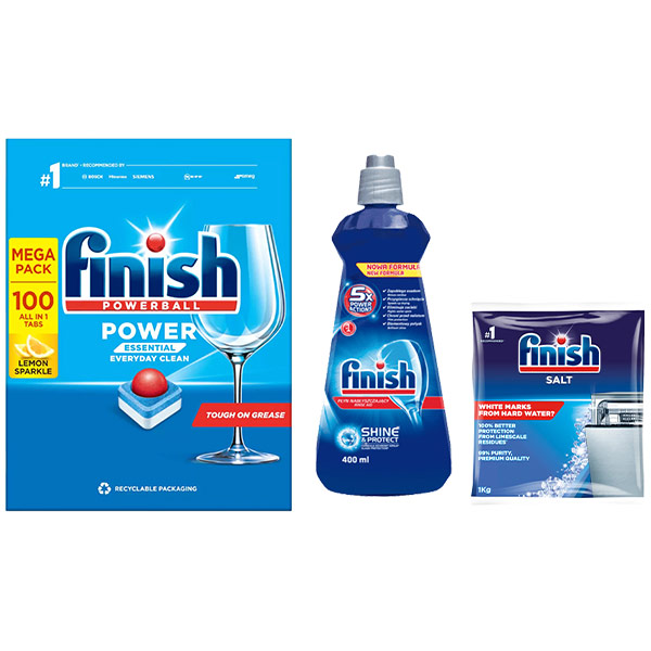 Combo Finish 100 Viên rửa Essential + dầu bóng 400ml + muối 1kg