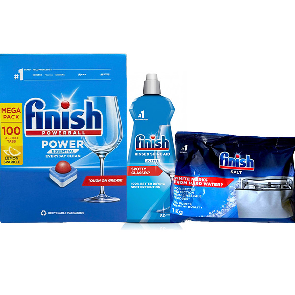 Combo Viên rửa bát Finish 100V + Muối 1KG + Nước bóng 400ML