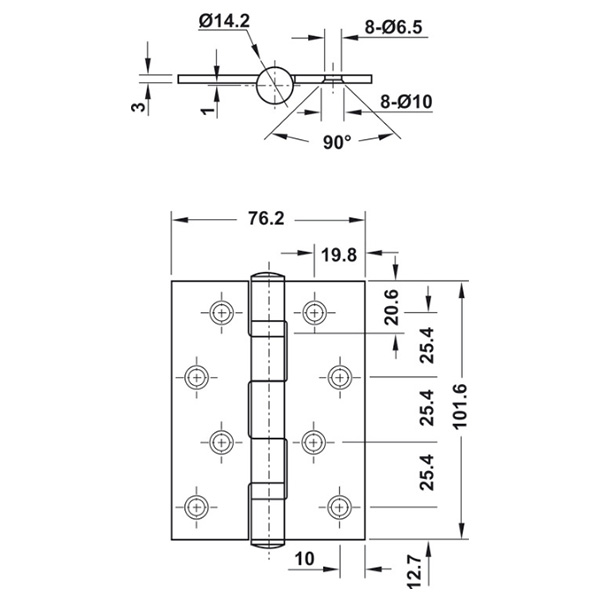 Kích thước Bản lề lá Hafele 2BB 102x76x3mm 926.20.804