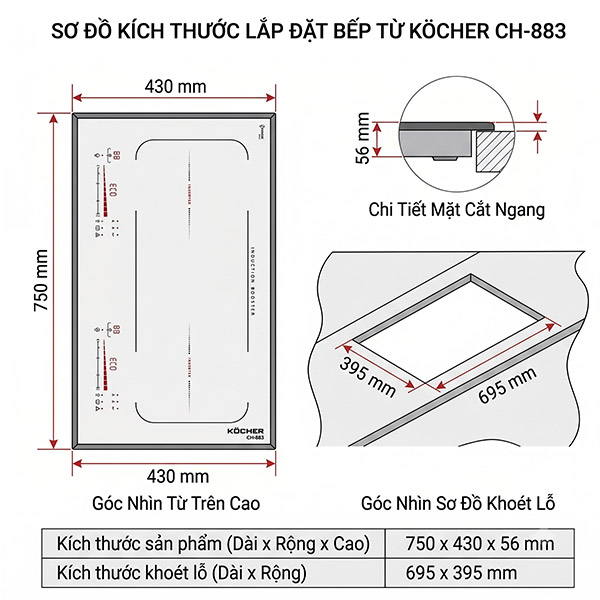 Kích thước BẾP TỪ Kocher DI-882 PRO WED