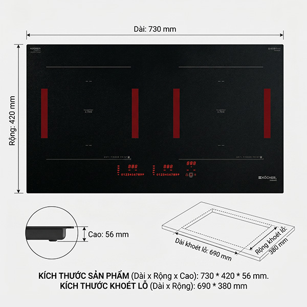 Kích thước bếp từ Kocher X-NANO 9