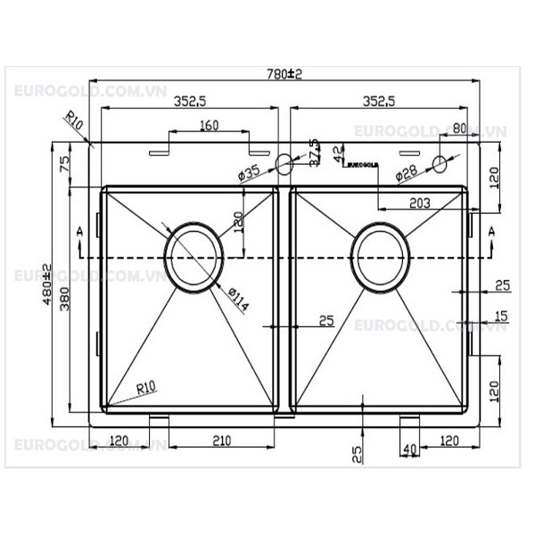 kích thước Chậu rửa chén EUS47848