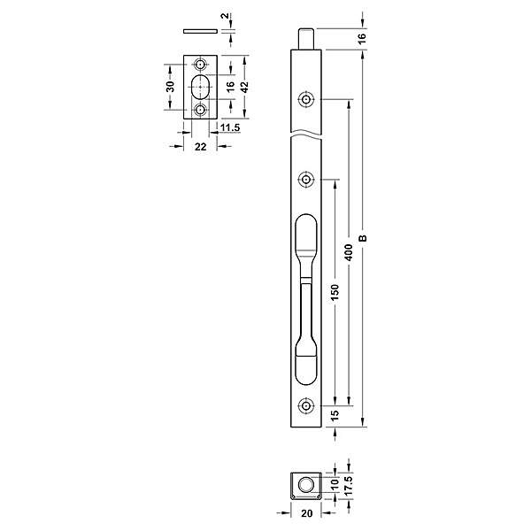 Kích thước Chốt âm – Inox mờ 450mm Hafele 911.62.184
