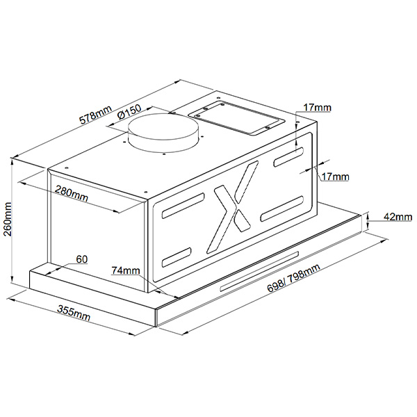 Kích thước Hút mùi âm tủ Grandx GX H70F85G