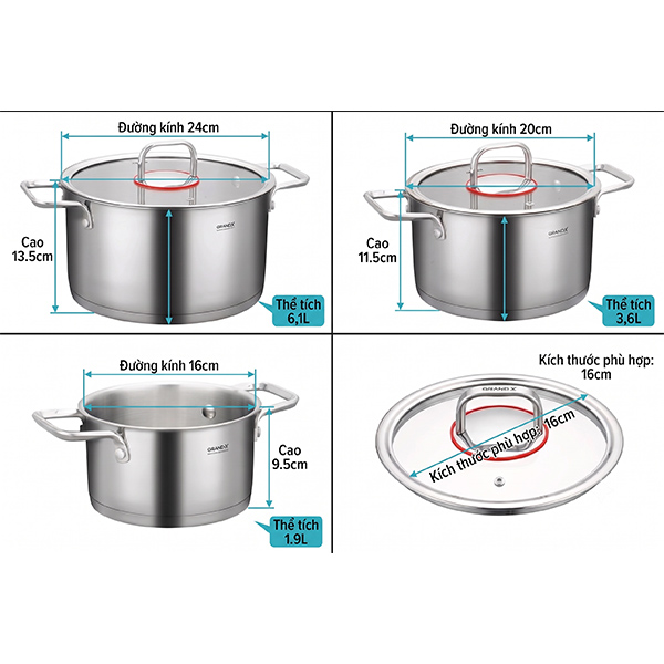Kích thước Bộ nồi inox Grandx GX603 Nova