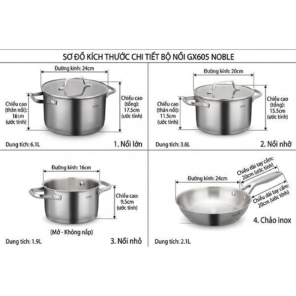 Kích thước Bộ nồi chảo inox Grandx GX605 Noble