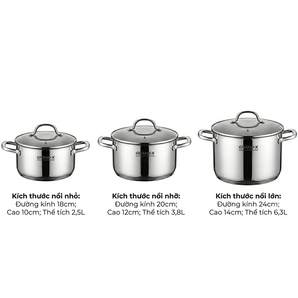Kích thước Bộ nồi inox Grandx GX802 Elano