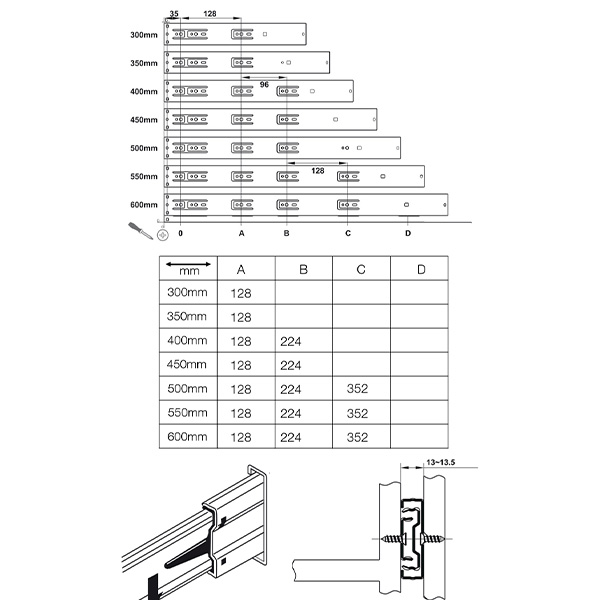 kích thước Ray bi 3 tầng giảm chấn Hafele 494.02.063