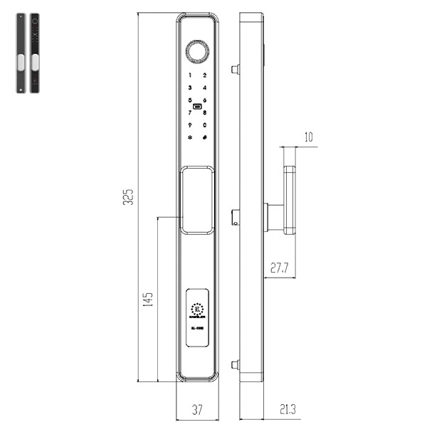 kích thước Khóa cửa nhôm Kassler KL-599I App Remote Ngắn