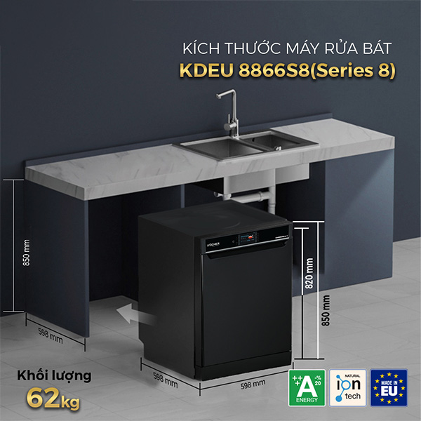 kích thước Máy rửa chén Kocher KDEU-8866S8 Series 8
