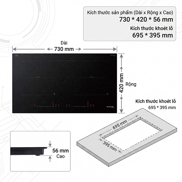 Kích thước  Bếp từ Kocher  X-NANO 6 PLUS