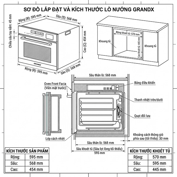 Kích thước Lò nướng âm tủ Grandx GX50MOS7