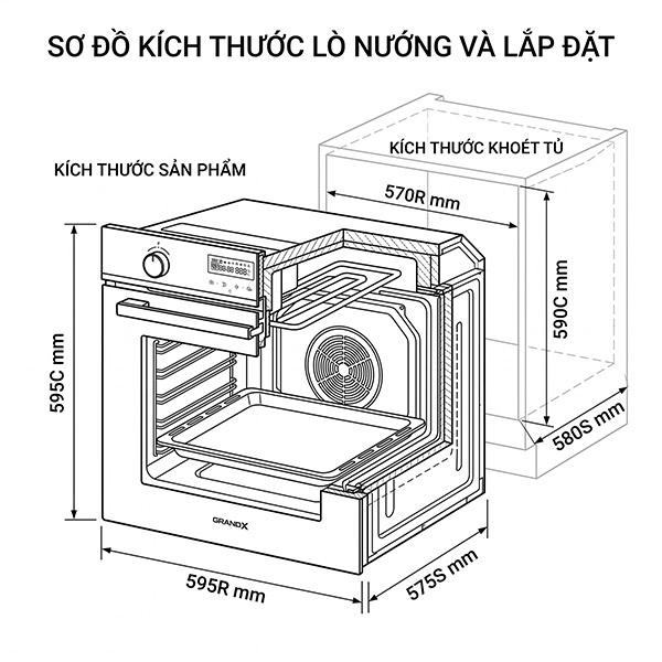 kích thước Lò nướng âm tủ Grandx GX75V8