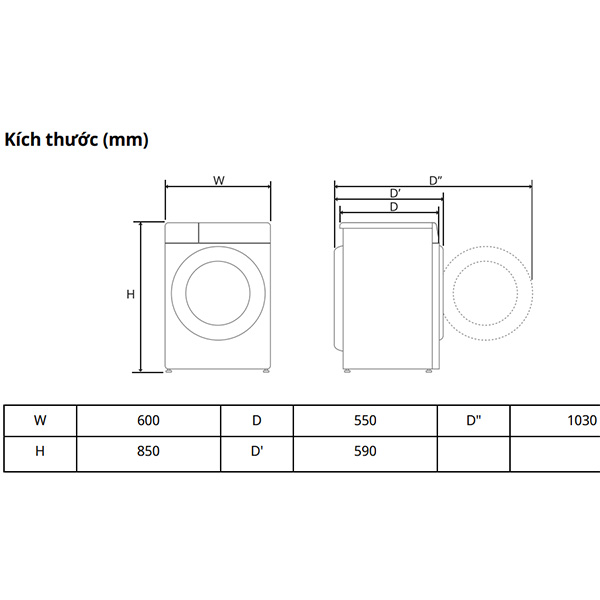 Kích thước Máy giặt LG FB1209S6M
