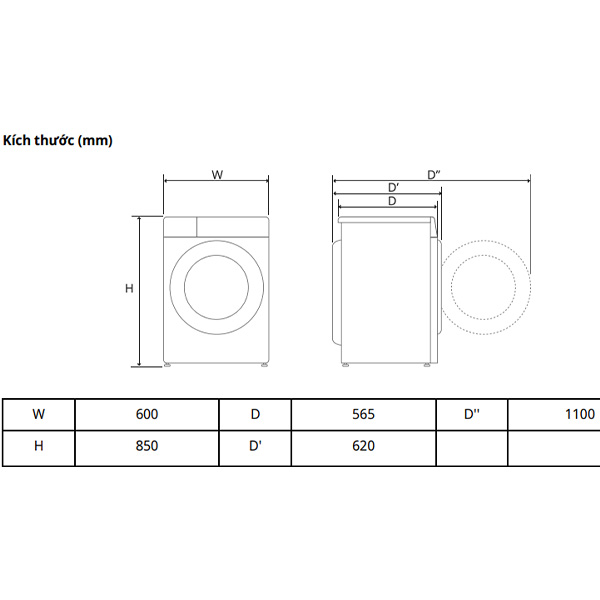 Kích thước Máy giặt sấy LG FV1410D4W1