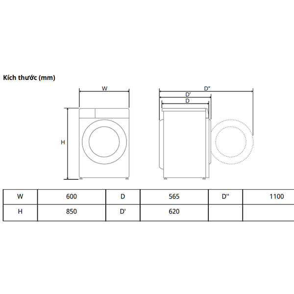 Kích thước Máy giặt  LG FV1412S3PA