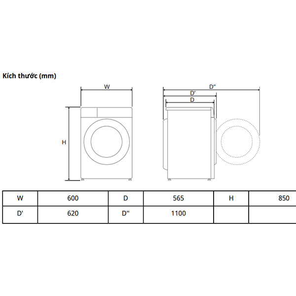 Kích thước Máy giặt LG FV1412S4W