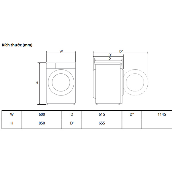 Kích thước Máy giặt LG FV1414S3BA