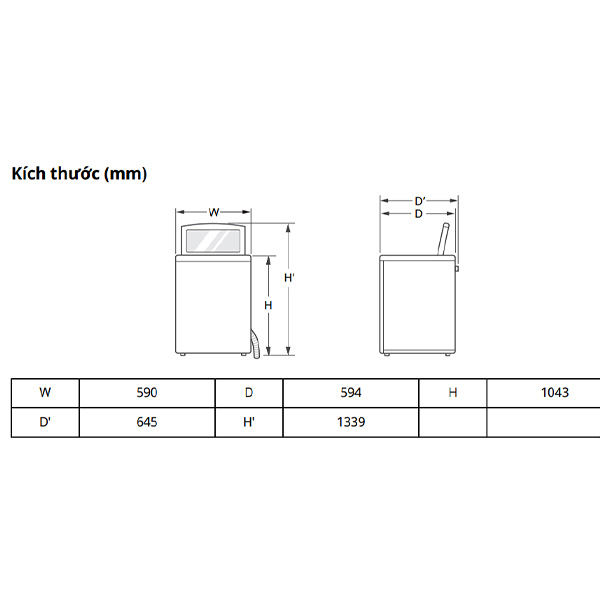 kích thước Máy giặt LG T2315DX5G