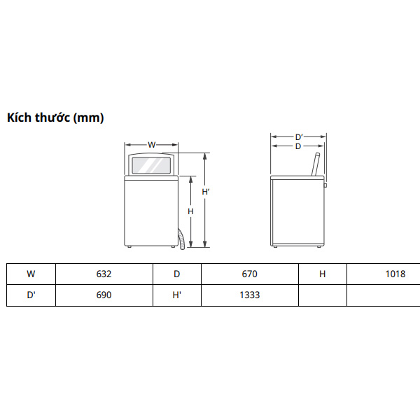 Kích thước Máy giặt sấy LG TV2514DV3B
