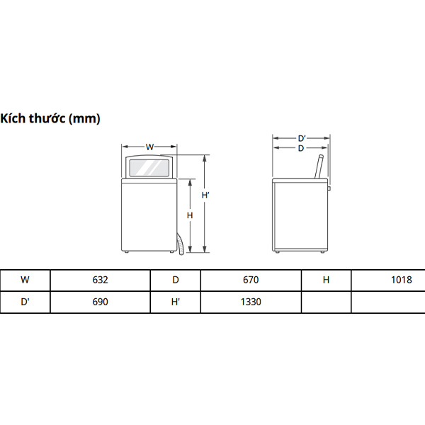 Kích thước Máy giặt LG TV2515DV5J