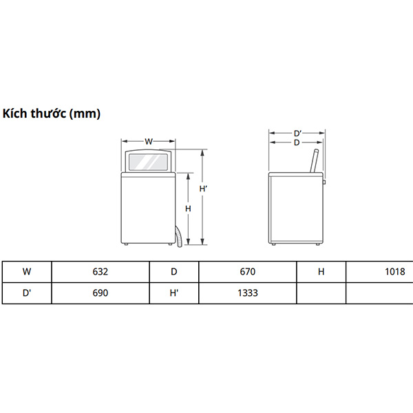 kích thước Máy giặt sấy LG TV2516DV3B
