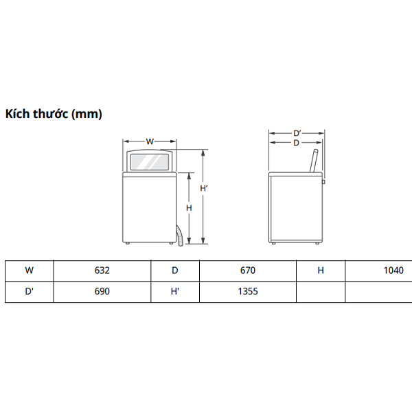 Kích thước Máy giặt sấy LG TV2517SV7J