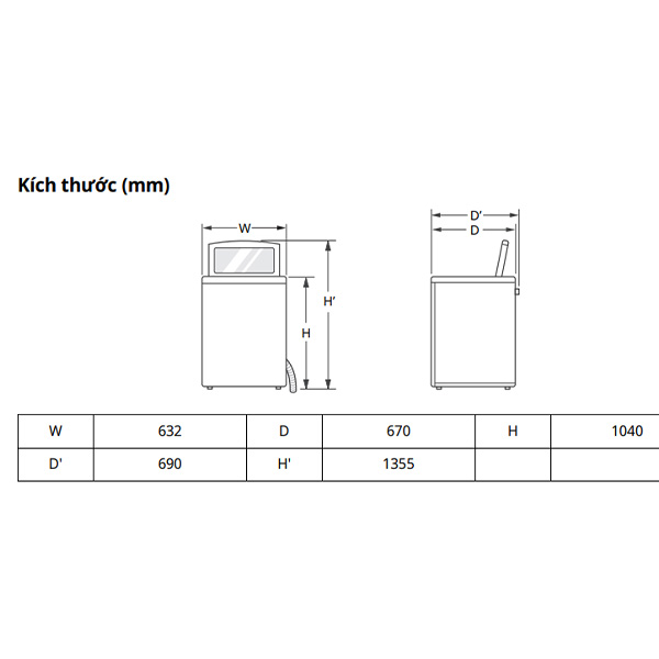 Kích thước Máy giặt sấy LG TV2519SV7J