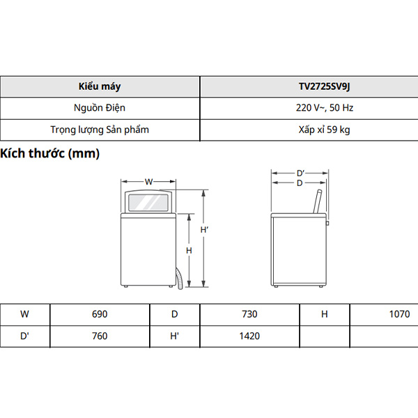 Kích thước LG TV2725SV9J