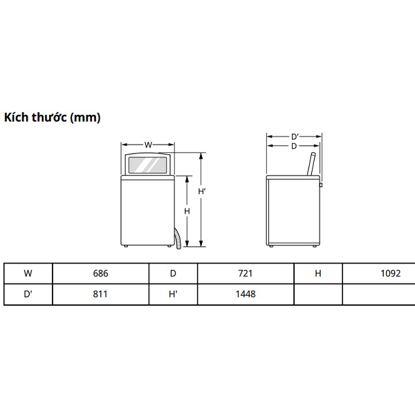 kích thước Máy giặt LG TX2725AT9G