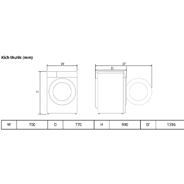 Kích thước Máy giặt sấy LG F2721HVRB