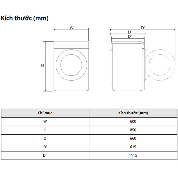 Kích thước Máy sấy LG DVHP50B
