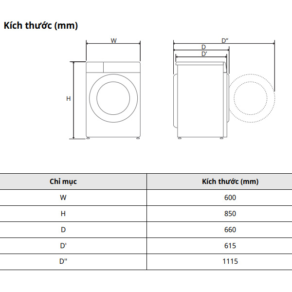 Kích thước Máy sấy LG DVHP50W
