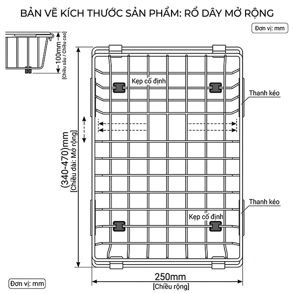 Kích thước Rổ inox GrandX GXB03