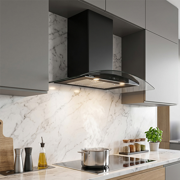 Phối cảnh Máy hút mùi kính cong áp tường Grandx GX H70C55B