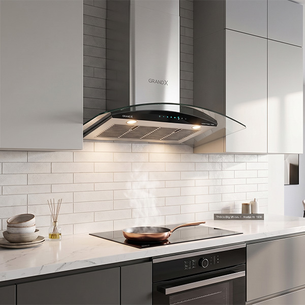 Phối cảnh Hút mùi kính cong áp tường Grandx GX H70C62S