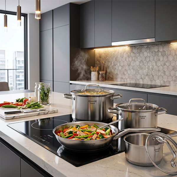 Phối cảnh Bộ nồi chảo inox Grandx GX605 Noble