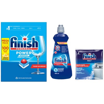 Combo Finish 100 Viên rửa Essential + dầu bóng 400ml + muối 1kg
