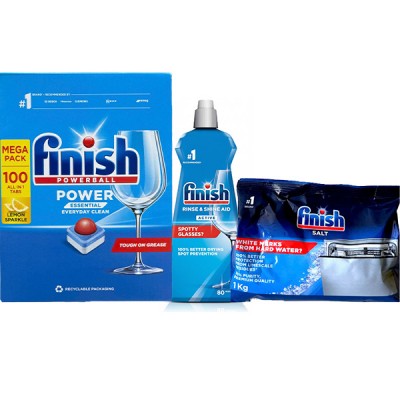 Combo Viên rửa bát Finish 100V + Muối 1KG + Nước bóng 400ML
