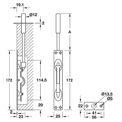 Kích thước Chốt Âm 205mm Inox Mờ Hafele 911.81.167