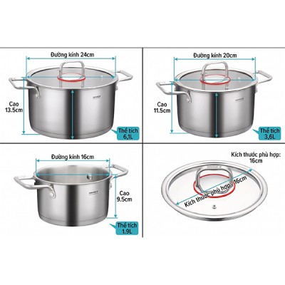 Kích thước Bộ nồi inox Grandx GX603 Nova