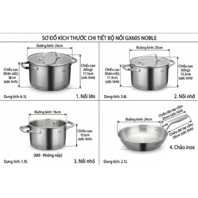 Kích thước Bộ nồi chảo inox Grandx GX605 Noble