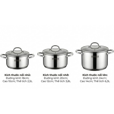 Kích thước Bộ nồi inox Grandx GX802 Elano