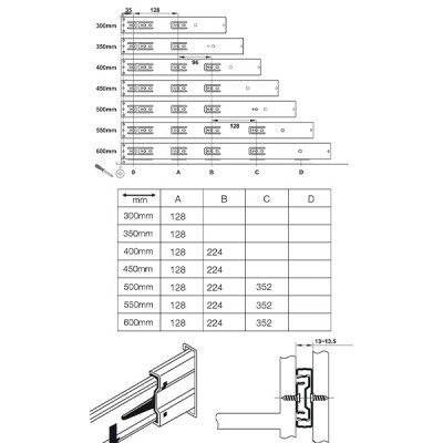 kích thước Ray bi 3 tầng giảm chấn Hafele 494.02.063