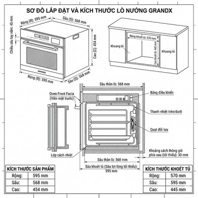 Kích thước Lò nướng âm tủ Grandx GX50MOS7