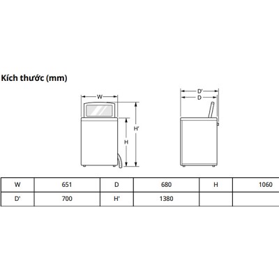 Kích thước Máy giặt LG T2522AX7G