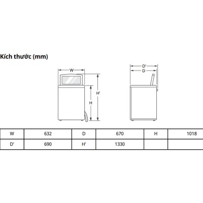 Kích thước Máy giặt LG TV2515DV5J