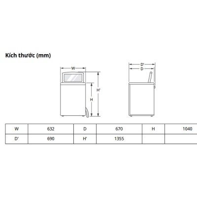 Kích thước Máy giặt sấy LG TV2519SV7J