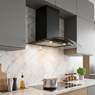 Phối cảnh Máy hút mùi kính cong áp tường Grandx GX H70C55B