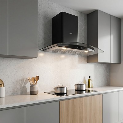 Phối cảnh Máy hút mùi kính cong áp tường Grandx GX H90C62M